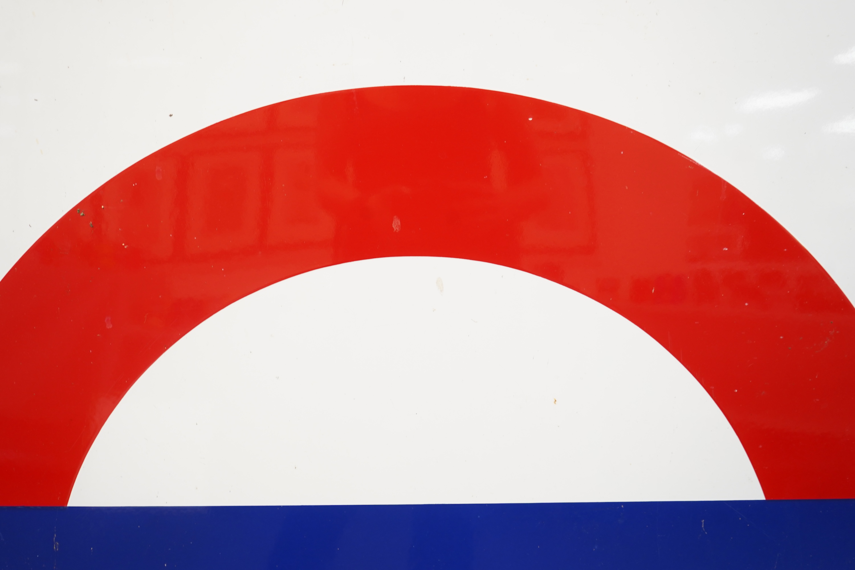 A 1950s/60s London Underground enamel bullseye station sign for Blackhorse Road by Burnham and Co., 107cm wide, 107cm high, attached to a slim angle iron frame, overall dimensions 131cm wide, 111cm high
